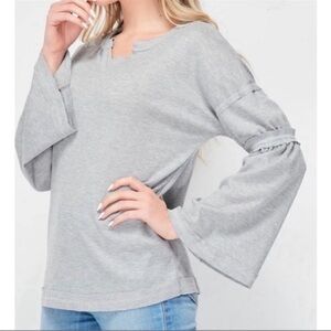 Baea Gray Bell Sleeves Ribbed Knit V-neck Lightweight Long Sleeve Top Sz M & XL